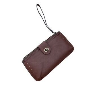Brown Wristlet Wallet Clutch Zip Around Studded Accent Small‎ Purse
